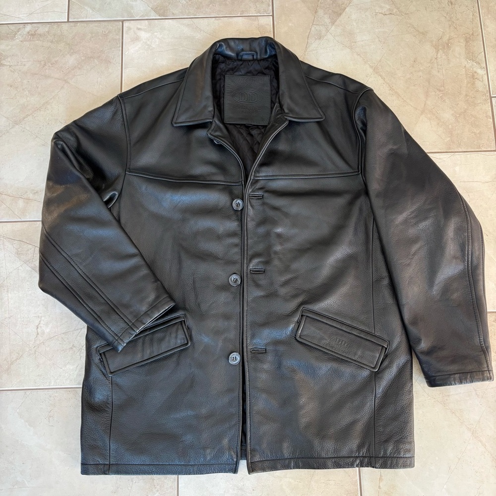 Vintage Daniel David Men’s M Black Leather Car Coat Y2K Oversized Boxy Fit